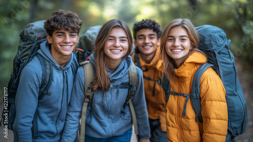 Smiling Hikers: Four happy teenagers, two boys and two girls, carrying backpacks, smile brightly for the camera on a hiking trail in a lush forest.