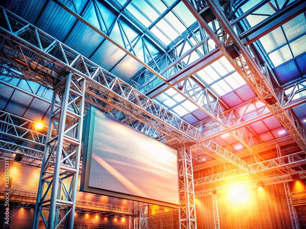Double Exposure: Blank Banner on Truss System - Event, Stage, Advertising, Marketing, Background Double Exposure: Blank Banner on Truss System - Event, Stage, Advertising, Marketing, Background
