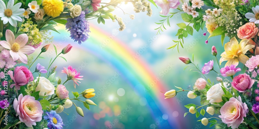Obraz premium Pastel rainbow hues on a serene spring background with fresh greenery and blooming flowers , floral decor, botanicals