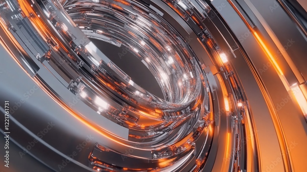 Abstract metallic rings with orange highlights in a futuristic design concept Abstract metallic rings with orange highlights in a futuristic design concept