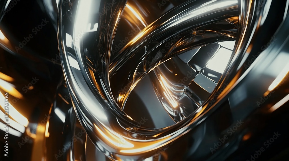 Abstract 3D Rendering of Intertwined Metallic Shapes with Golden Highlights Abstract 3D Rendering of Intertwined Metallic Shapes with Golden Highlights