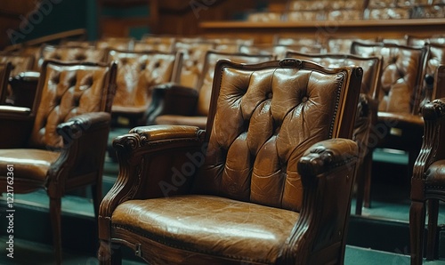 Empty leather chairs in a vintage courtroom or legislative chamber