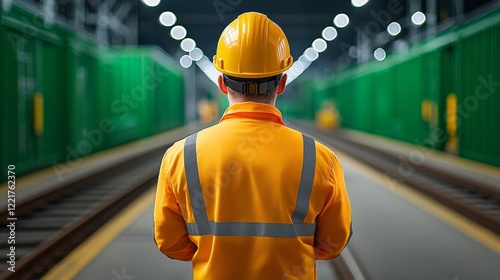 Construction worker observing railway infrastructure during the day, wearing safety gear, with green cargo containers lining the tracks in a well-lit transportation hub photo