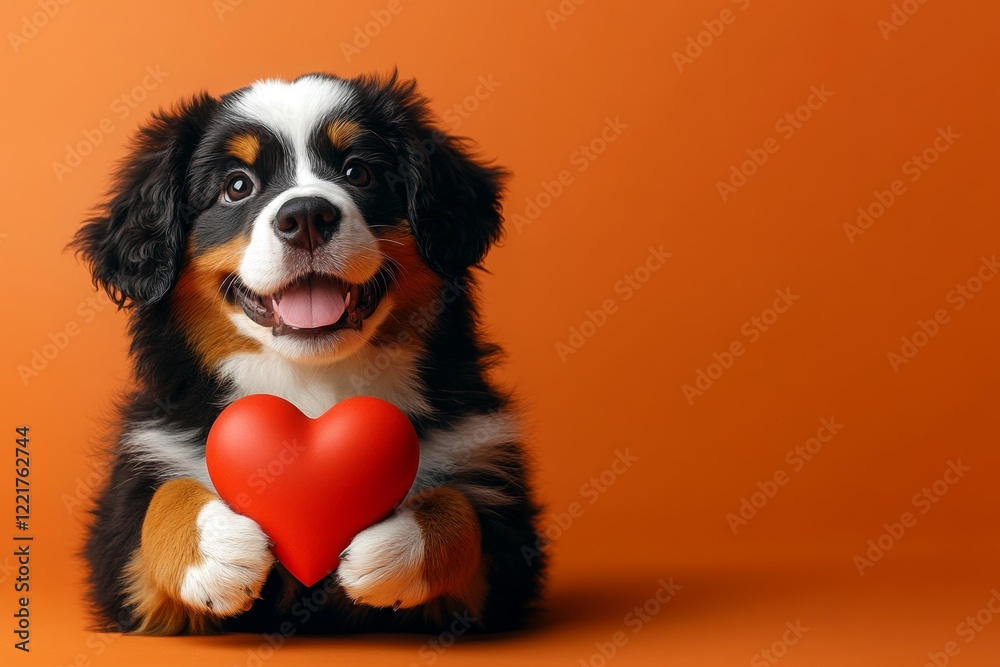Cute bernese mountain dog canine with diamond red heart - symbol of love, funny greeting card. Promotion conceptual art. Bernese mountain dog - my beloved dog. Heart and pet photography. Cute bernese mountain dog canine with diamond red heart - symbol of love, funny greeting card. Promotion conceptual art. Bernese mountain dog - my beloved dog. Heart and pet photography.