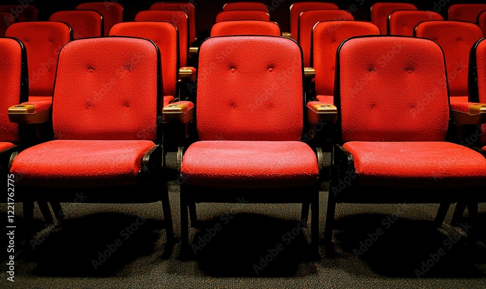 Obraz premium Empty red cinema seats in a dark theater, ready for an audience