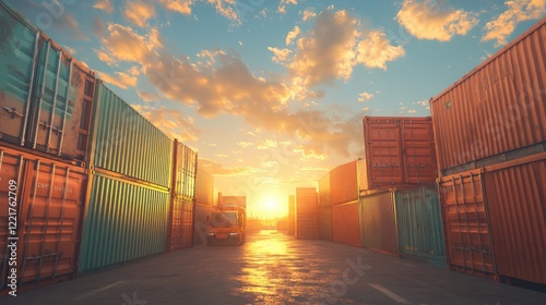 Wallpaper Mural shipyard full of cargo containers in sunset sky, logistic import export and transport industry concept picture.	 Torontodigital.ca
