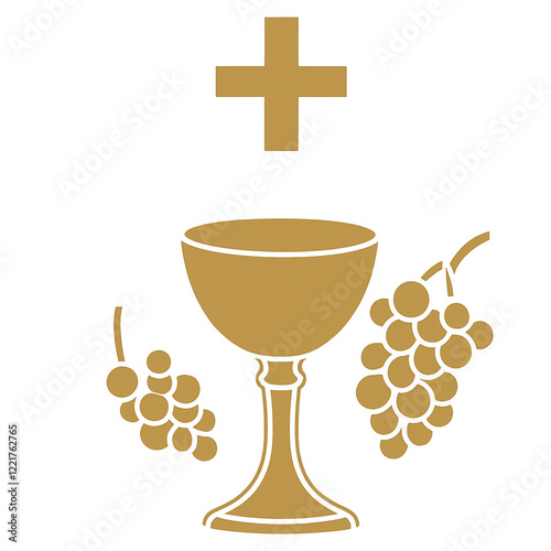 Holy communion chalice with grapes and cross representing christianity on transparent background