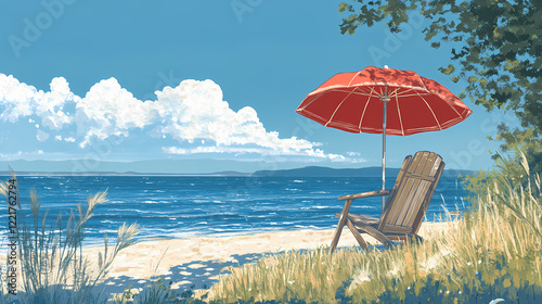 Red beach umbrella shades a wooden chair by the ocean. Shaded Shore. Illustration