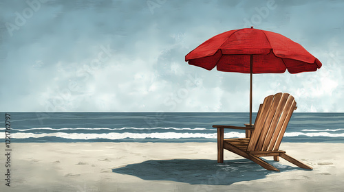 Red beach umbrella shades a wooden chair by the ocean. Shaded Shore. Illustration