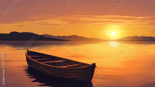 Serene sunset landscape: a wooden rowboat at golden hour on a calm lake with distant shores. Shaded Shore. Illustration photo