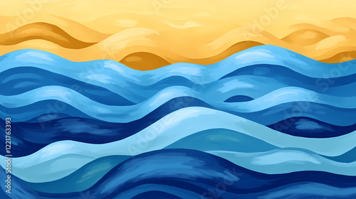 Wallpaper Mural Water waves in shades of blue and gold gently lapping against the shore or beach at sunset, waves, gold. Shaded Shore. Illustration Torontodigital.ca