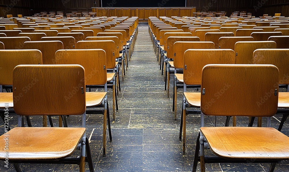 Fototapeta premium Empty wooden chairs in a large auditorium, stage in background, ready for a conference