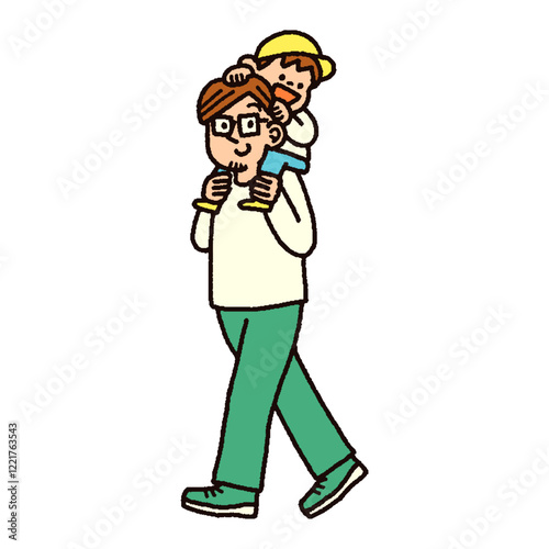 お父さんに肩車をされて楽しそうに周りを見渡す男の子のイラスト