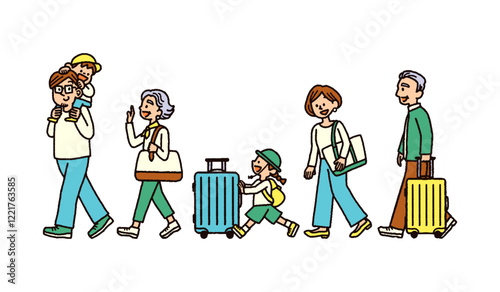 三世代の家族が楽しそうに旅行に行くイラスト　手書き