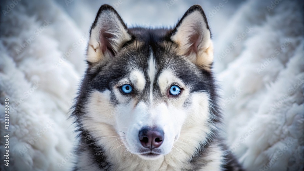 Intense gaze of a Siberian Husky with piercing blue eyes, surrounded by soft, fluffy fur and a gentle expression Intense gaze of a Siberian Husky with piercing blue eyes, surrounded by soft, fluffy fur and a gentle expression