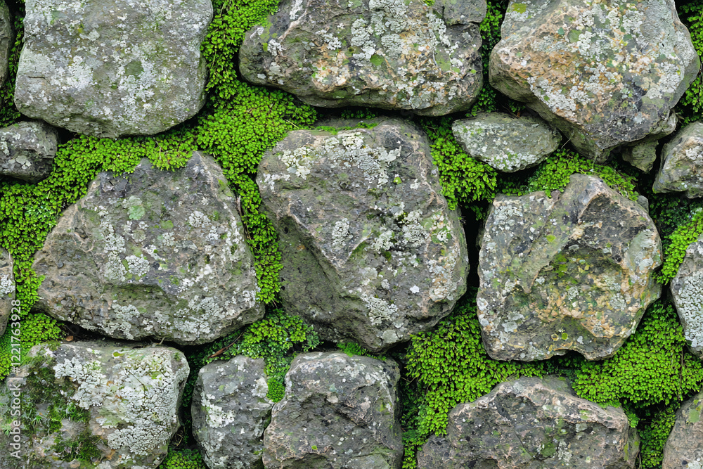 Close-up view of a stone wall covered in vibrant green moss, showcasing natural textures and colors Close-up view of a stone wall covered in vibrant green moss, showcasing natural textures and colors
