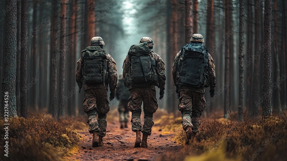 Three soldiers in camouflage walking through a fores Three soldiers in camouflage walking through a fores