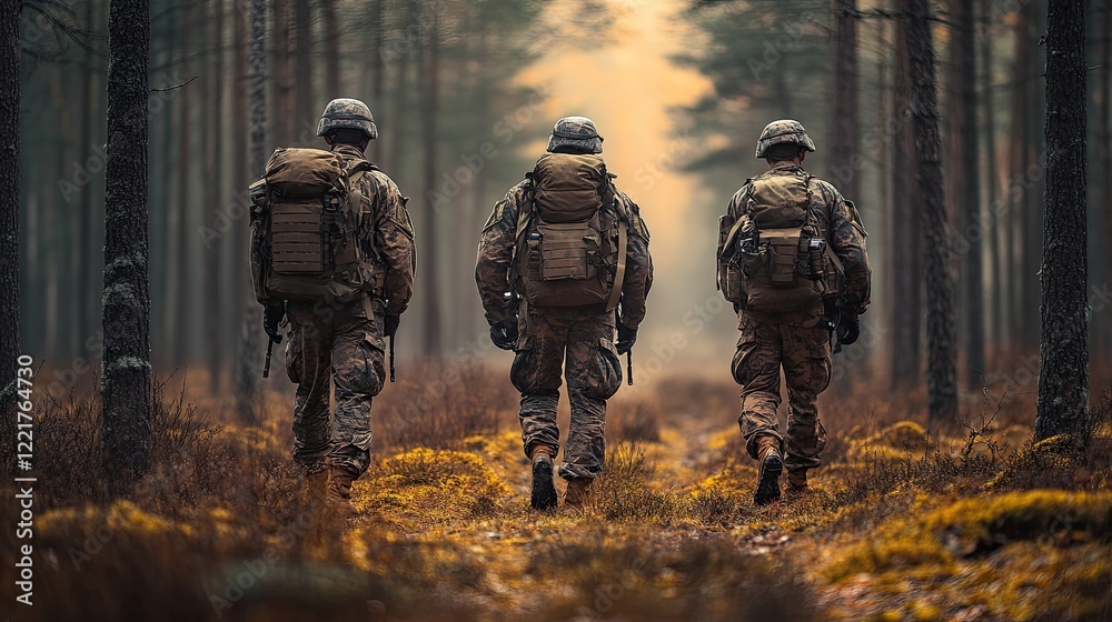 Three soldiers in camouflage walking through a fores