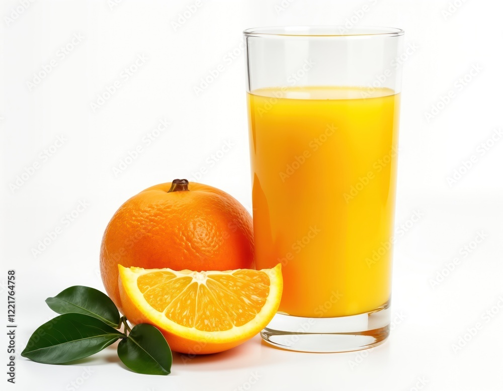Fresh orange juice in glass with sliced orange fruits. Healthy refreshment. Close-up studio shot. Juicy ripe citrus fruits on white background. Vibrant colors. Full shot of glass of orange juice with Fresh orange juice in glass with sliced orange fruits. Healthy refreshment. Close-up studio shot. Juicy ripe citrus fruits on white background. Vibrant colors. Full shot of glass of orange juice with