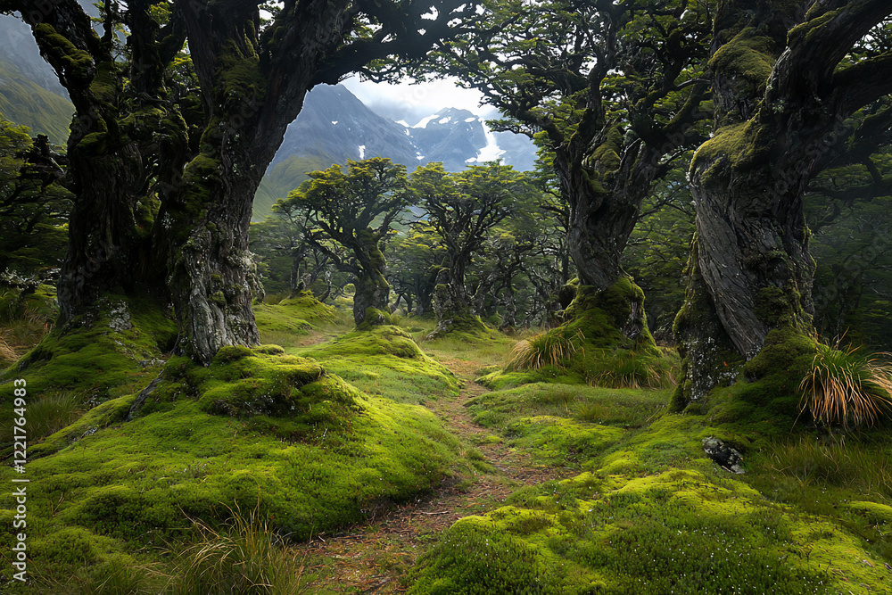 Enchanted forest path winding through ancient moss-covered trees with misty mountains in the background Enchanted forest path winding through ancient moss-covered trees with misty mountains in the background