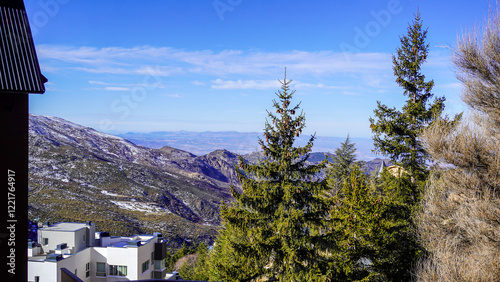 A picturesque mountain village nestled amidst towering pine trees. Snow-capped peaks rise in the distance, providing a stunning backdrop to the charming town. The warm sunlight illuminates the scene,  photo