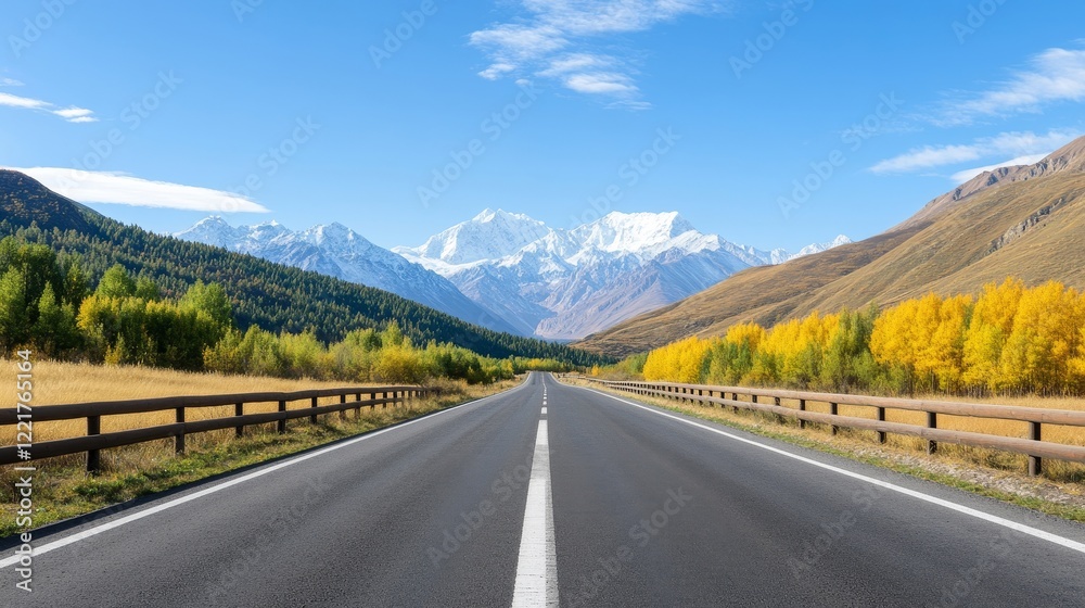 Naklejka premium Scenic Mountain Road with Clear Blue Sky, Lush Green Trees, Vibrant Autumn Foliage, and Snow-Capped Peaks in the Background for Travel and Nature Enthusiasts