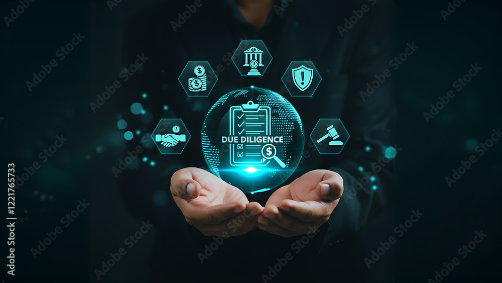 Modern Due Diligence Concept .Businessman Performing Due Diligence with Digital Checklist and Laptop ,legal ,corporate compliance and digital transformation ,Analysis, Technology ,Management .