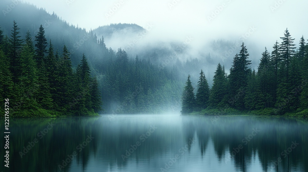 Fototapeta premium Misty Mountain Lake Serenity: A Breathtaking View of Nature's Tranquility
