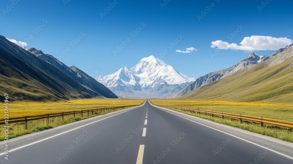Naklejka premium Scenic Mountain Landscape with a Clear Sky and Open Road Leading to Majestic Peaks Surrounded by Lush Greenery and Wildflowers in Vibrant Colors