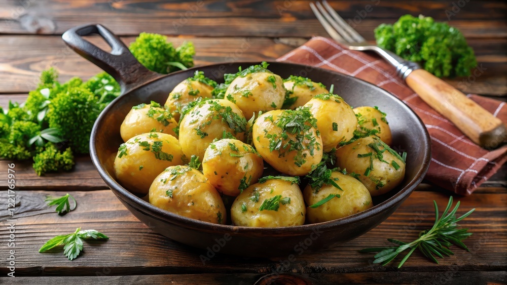Boiled potato with herbs on a cast iron skillet, topped with fresh parsley and dill, boiled potatoes Boiled potato with herbs on a cast iron skillet, topped with fresh parsley and dill, boiled potatoes