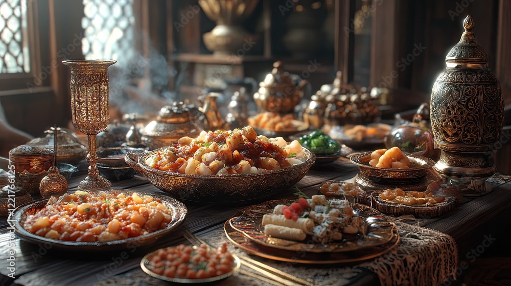 Traditional oriental cuisine displayed on a wooden table with ornate dishes and cutlery Traditional oriental cuisine displayed on a wooden table with ornate dishes and cutlery