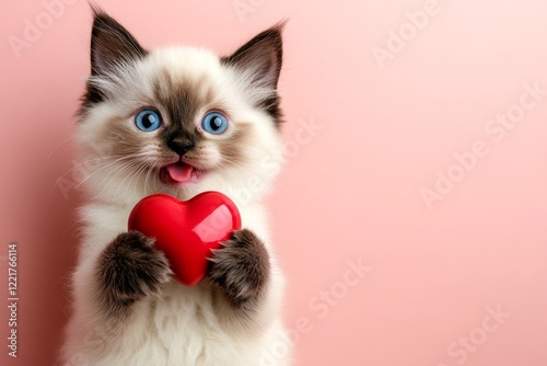 Himalayan - my cherished cat. Cute himalayan baby cat with critter toy red heart - sign of love, funny greeting card. Ad campaign idea. Valentine's furry pet. Red heart cat. Red theme cat. photo