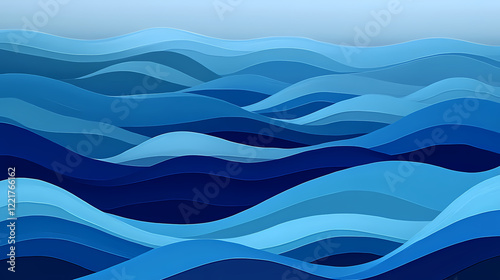 A landscape of gentle waves washing ashore on a sandy beach, rendered in shades of blue from cobalt to azure, suitable for a peaceful coastal theme. Shaded Shore. Illustration photo