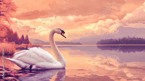 Fototapeta Naklejka Na Ścianę i Meble -  A majestic swan stands proudly on the shore of a still lake with the sky painted in shades of pink and orange, lake, peaceful atmosphere, majestic creature. Shaded Shore. Illustration