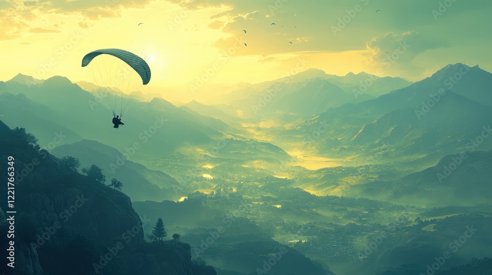 Paraglider Soaring Above Scenic Mountains at Sunset