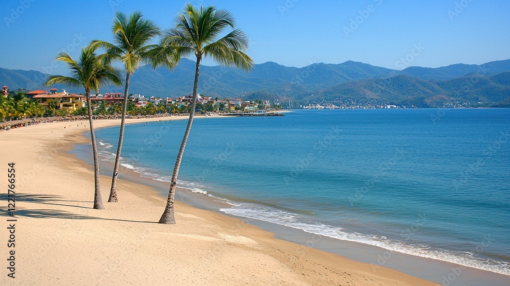 Tropical beach, palm trees, ocean view, coastal town background, travel brochure Tropical beach, palm trees, ocean view, coastal town background, travel brochure