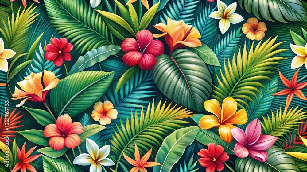 Naklejka premium Colorful Tropical Seamless Pattern with Palm Leaves and Exotic Flowers , design element, floral