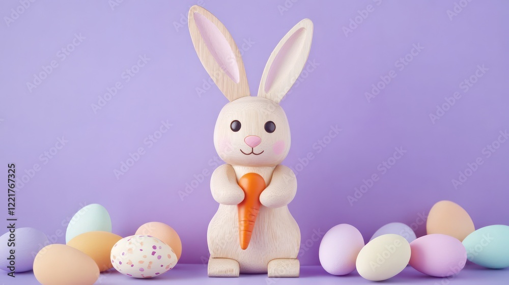 Minimalist wooden bunny holding a carrot surrounded by pastel Easter eggs on a purple background Minimalist wooden bunny holding a carrot surrounded by pastel Easter eggs on a purple background