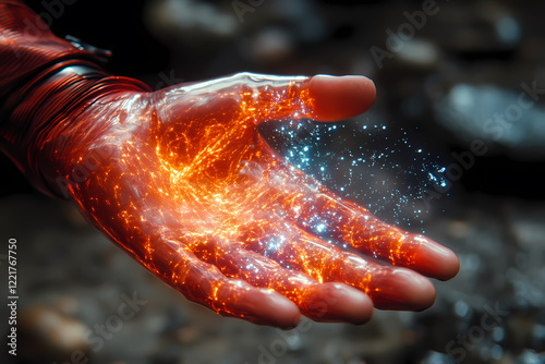 An engaging image of a human hand interacting with a futuristic floating holographic interface