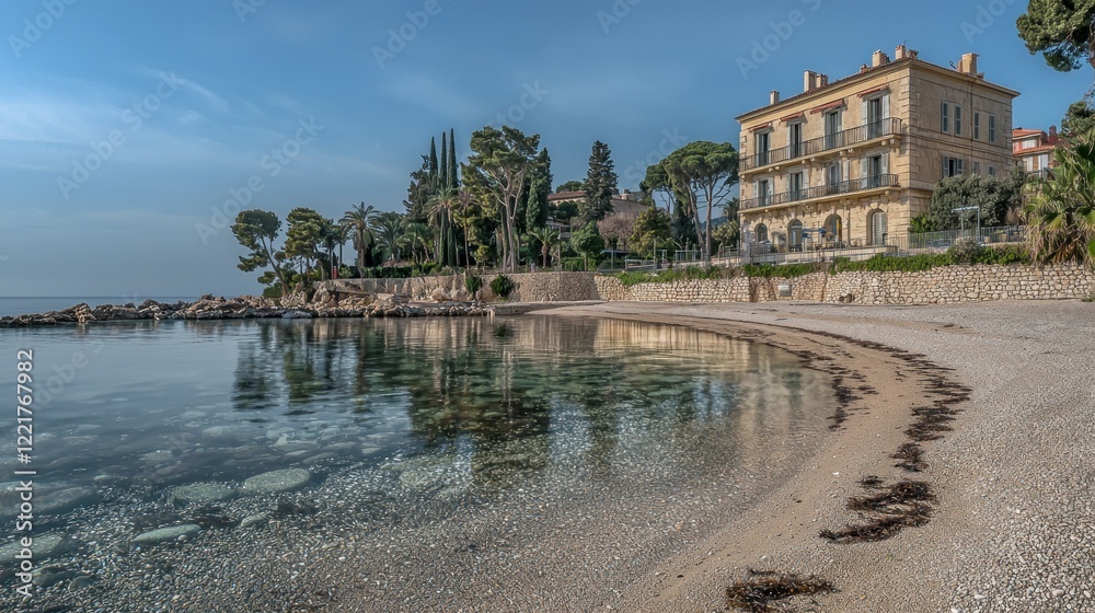 Coastal mansion, tranquil beach, clear water, sunny day, Mediterranean view, luxury estate, travel brochure Coastal mansion, tranquil beach, clear water, sunny day, Mediterranean view, luxury estate, travel brochure
