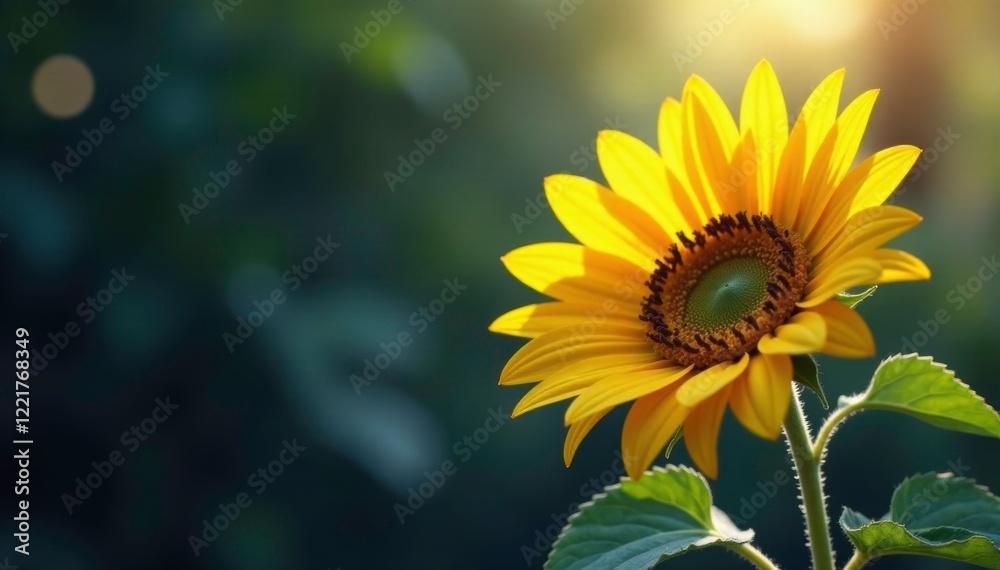 Obraz premium Large bright sunflower grows among tiny dark shadows, blossom, sunflower, modern