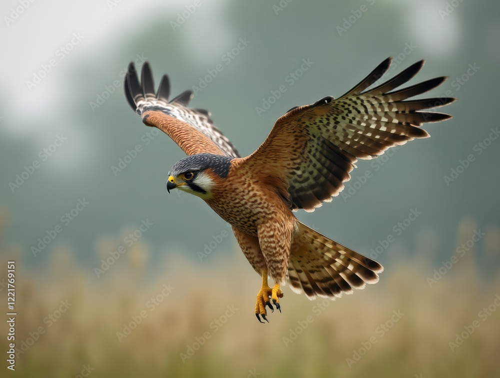 Fototapeta premium Red-shouldered hawk diving with spread wings and talons ready to strike