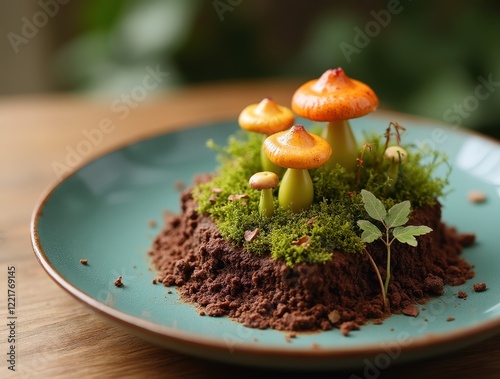 Miniature forest dessert with chocolate soil, edible moss, and mushrooms photo