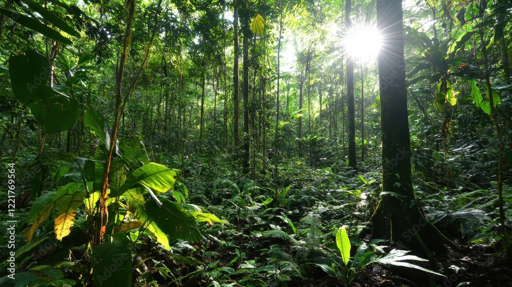 Fototapeta premium Lush Rainforest Sunlight Through Canopy Trees