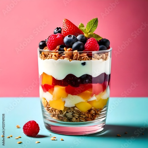 A colorful fruit parfait layered with yogurt