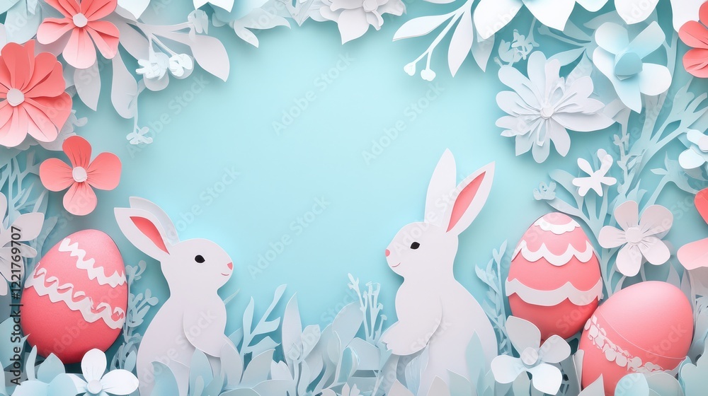Obraz premium Paper cut Easter background with decorated eggs and bunnies forming a frame around copy space