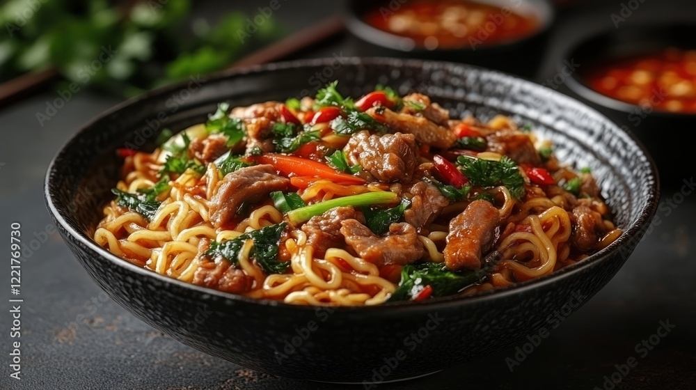 Delicious Beef Noodle Stir-fry in a Black Bowl Delicious Beef Noodle Stir-fry in a Black Bowl