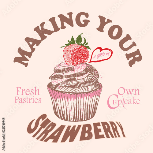 Hand Drawn Layer Cup cake design , strawberry fresh cup cake,  hand writing text print design, summer food prints, women's graphic tee, slogan t-shirt design. print artwork. new food  fashion.