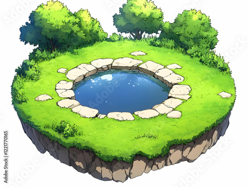 Idyllic pond, grassy island, trees, sunny day, game asset photo