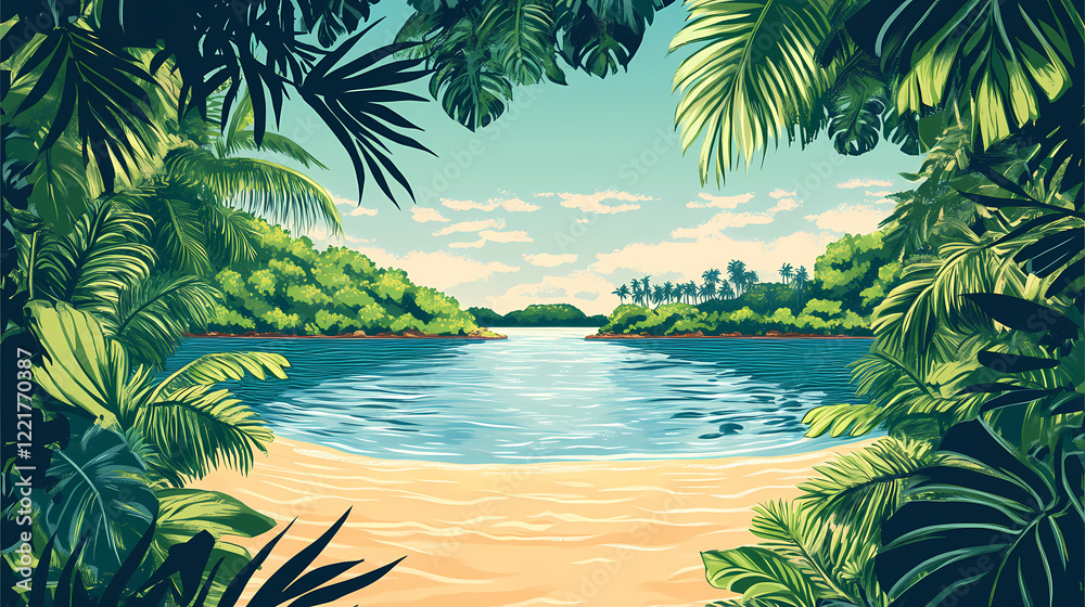 Calm coastal lagoon with shimmering waters and golden sandy shores, framed by tropical foliage and a peaceful morning sky. shimmering shores. illustration. Shimmering Lagoon. Illustration Calm coastal lagoon with shimmering waters and golden sandy shores, framed by tropical foliage and a peaceful morning sky. shimmering shores. illustration. Shimmering Lagoon. Illustration